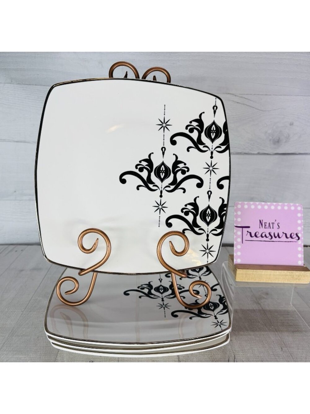 Target ARCTIC SOLSTICE DAMASK Black Scroll Square Platinum  Dinner Plates Set 4